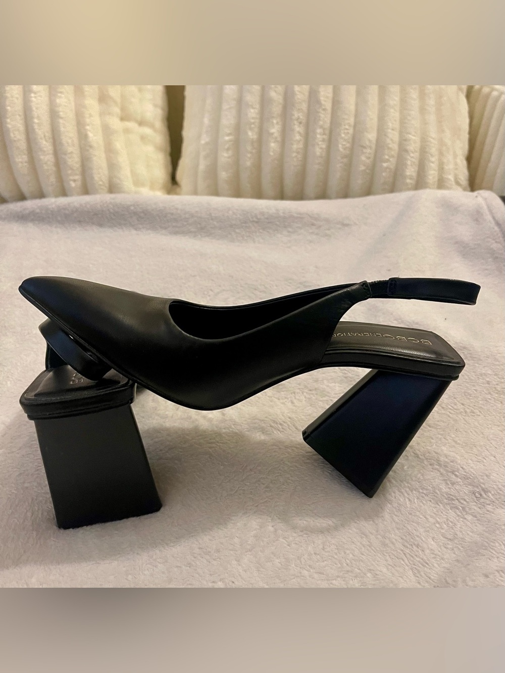 Black Slingback Geometric Block Heel Pumps by BCBG